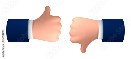 Vector cartoon human hands thumb up and down isolated on white background. Vector concept like and dislike gesture or symbol.