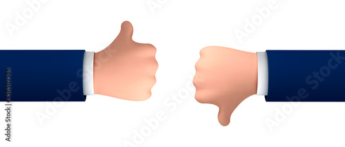 Vector cartoon human hands thumb up and down isolated on white background. Vector concept like and dislike gesture or symbol.