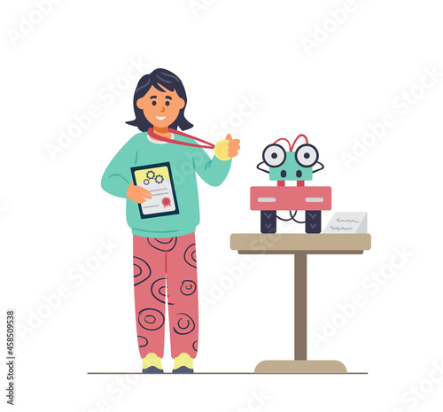 Girl winning in robotics competitions holding medal and diploma near her robot. Robotics for kids. Flat vector illustration. Isolated on white.