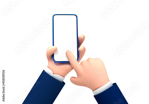 Vector cartoon hand holding and touching phone mockup template. Cartoon hands with smartphone, scrolling or searching for something, isolated on white background.
