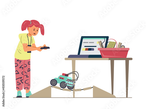 Girl taking part in robotics competition flat vector illustration. Robotics for kids. Isolated on white. 