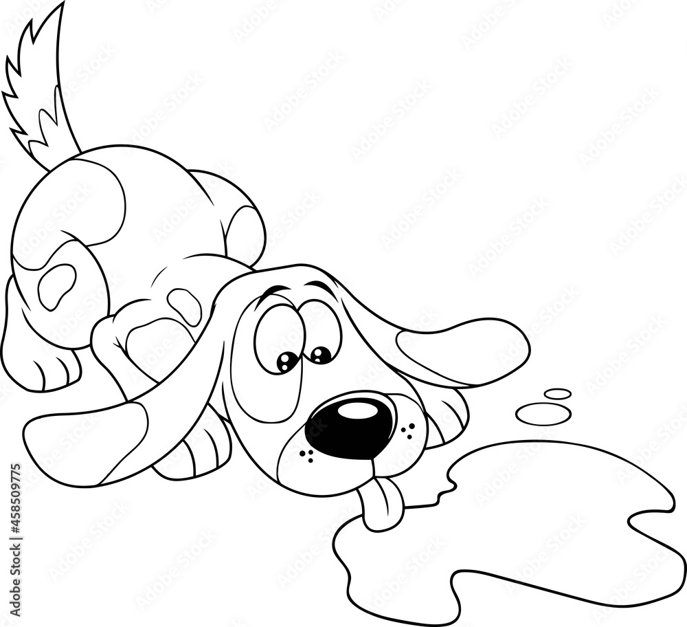 Outlined Cute Dog Cartoon Character Drinking From A Puddle Of Water. Vector Hand Drawn
