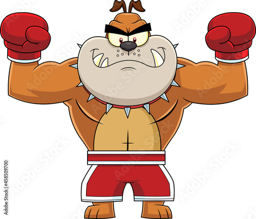 Brown Bulldog Cartoon Character Boxing Champion In Red Boxing Shorts Wearing Red Boxing Gloves. Vector Hand Drawn Illustration Isolated On Transparent Background