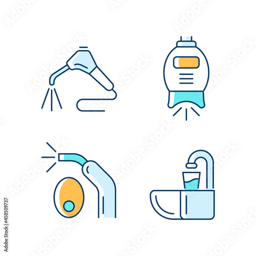 Going to dentist RGB color icons set. Moistening patient mouth. Teeth whitening machine. LED curing light. Dental spit bowl. Isolated vector illustrations. Simple filled line drawings collection