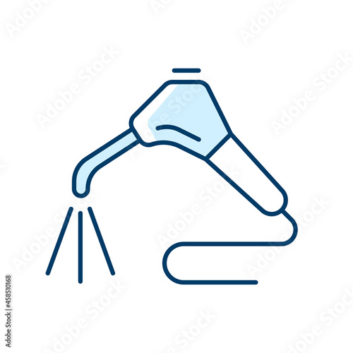 Dental water sprayer RGB color icon. Moistening patient mouth. Oral irrigation, cleaning. Remove plaque from tooth surfaces. Dental procedure. Isolated vector illustration. Simple filled line drawing