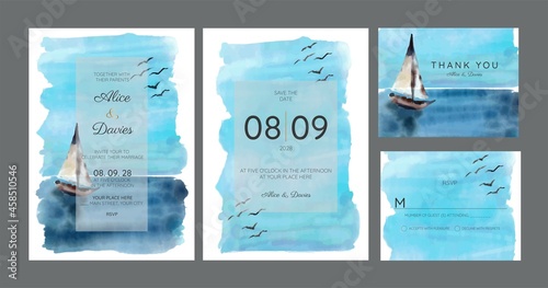 wedding cards, invitation. Save the date sea style design. Romantic beach wedding summer background	
