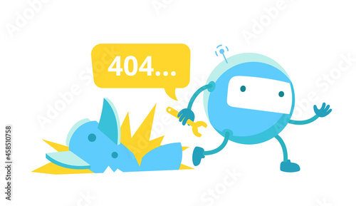 Round robot broken. Rocket crash. Repairs service. Page not found error 404. Critical error. Support service-center repair. Vector flat.