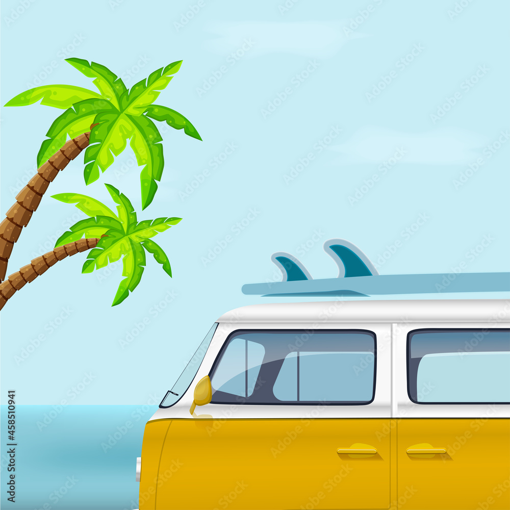 Bus with surfboard on background of palm trees. vector illustration.