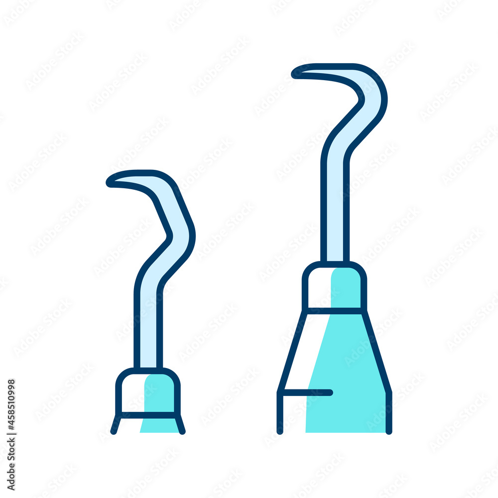 Scaler and curette RGB color icon. Sharp instruments for periodontal procedures. Removing plaque buildup. Root planing. Dental cleaning. Isolated vector illustration. Simple filled line drawing Scaler and curette RGB color icon. Sharp instruments for periodontal procedures. Removing plaque buildup. Root planing. Dental cleaning. Isolated vector illustration. Simple filled line drawing