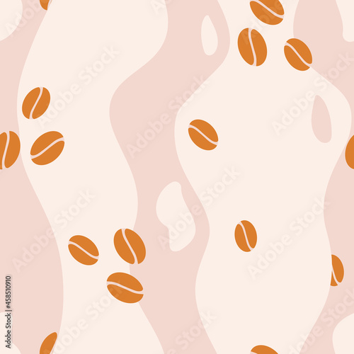 Vector Coffee Beans with Wavy Loose Stripes in Pink and Orange seamless pattern background. Perfect for fabric, scrapbooking and wallpaper projects.