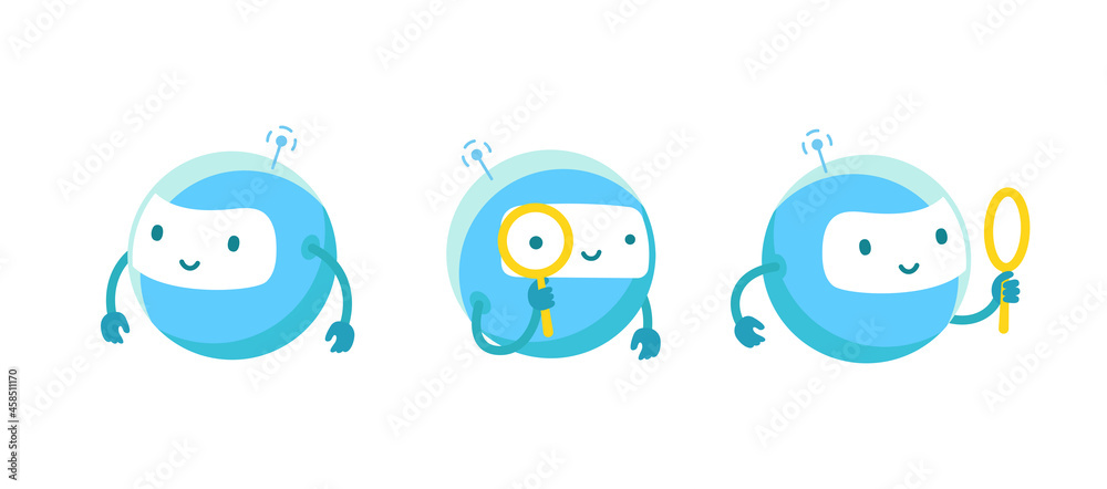 Round robots with magnifying glass. Loupe search. Vector illustration. Round robots with magnifying glass. Loupe search. Vector illustration.