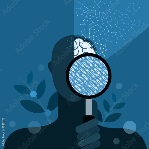 Hand holding a magnifying glass showing the digital imprints of the neural networks of the brain