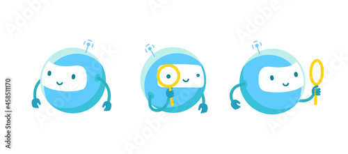 Round robots with magnifying glass. Loupe search. Vector illustration.