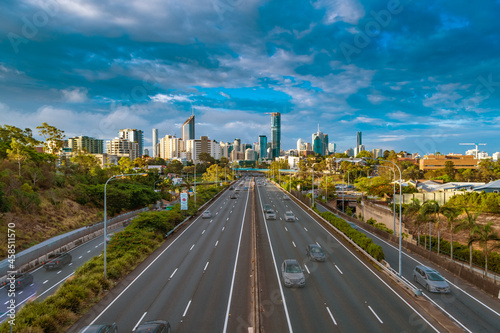 Brisbane City, Queensland Australia Downtown Region Freeway Highway Lights streaks cars vehicle headed to city © Neil