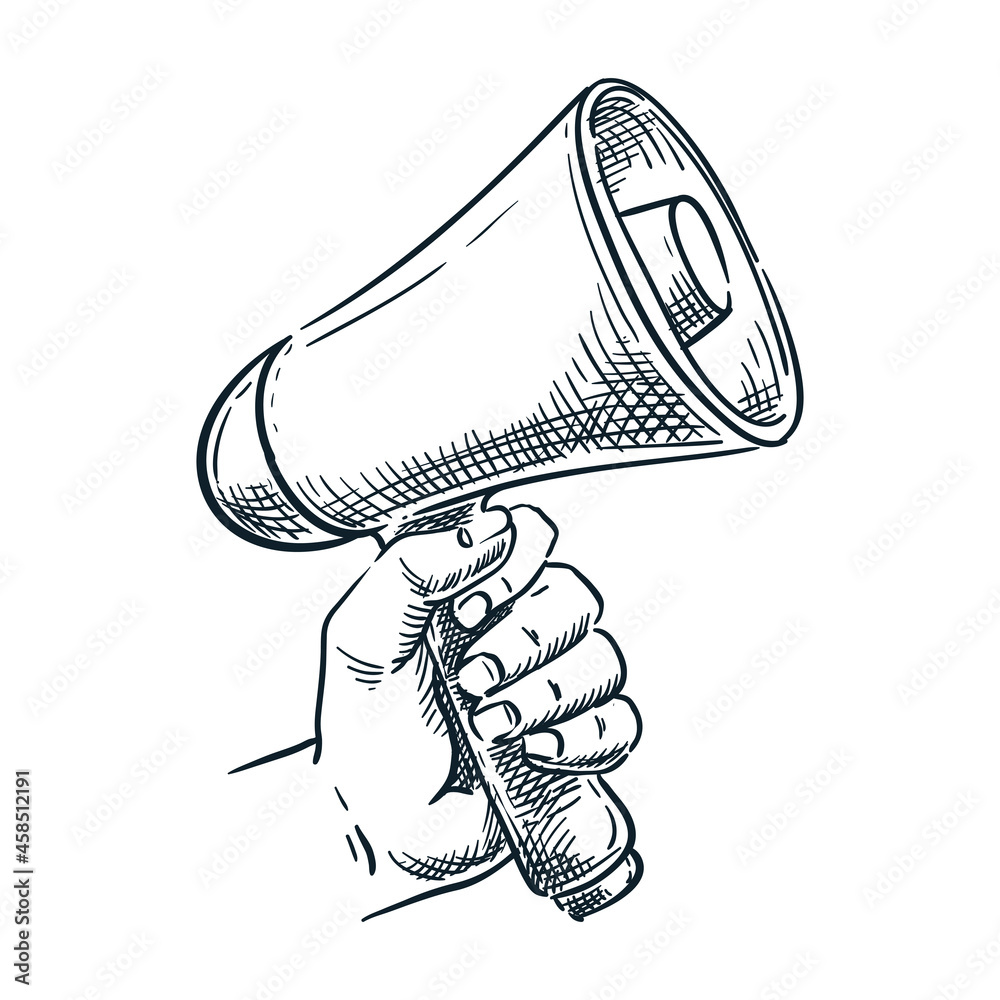 Hand holding loudspeaker. Vector hand drawn sketch illustration ...