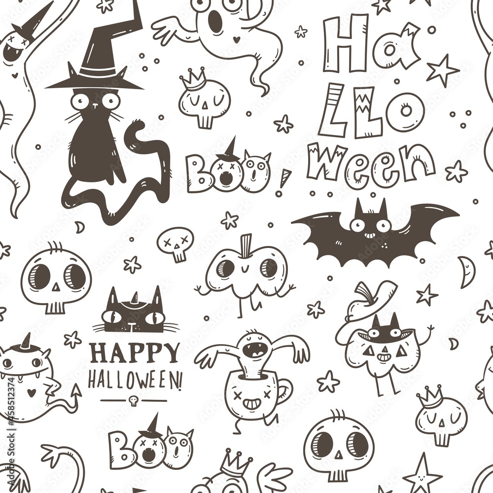 Halloween doodle seamless pattern on white background. Cartoon horror funny characters. Wallpaper with line art monsters.