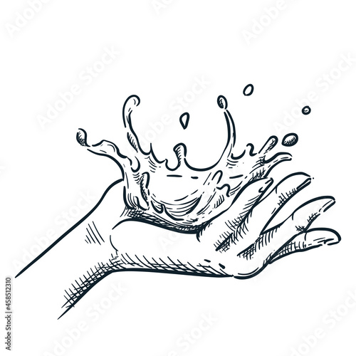 Clean water splash on human hand. Vector hand drawn sketch illustration. Skin care, spa procedures design element