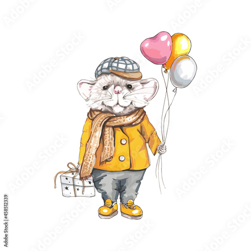 Watercolor hand drawn art vector illustration. Cartoon mouse. Funny little mice animal standing with balloons and gift.
