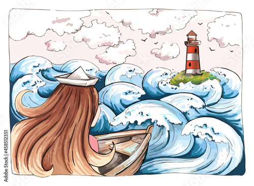 Watercolor hand drawn art vector illustration. Young girl sailing on waves of stormy sea on boat to an island with lighthouse.