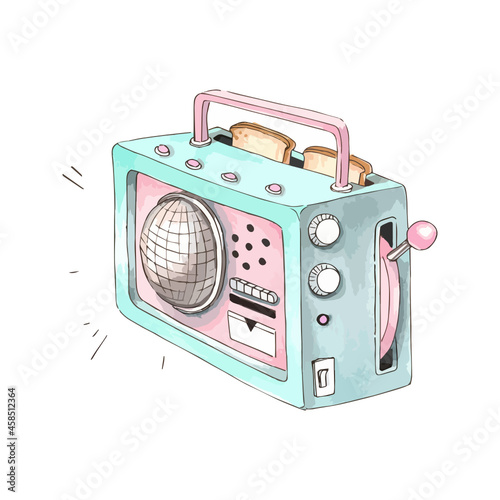 Watercolor hand drawn art vector illustration. Old vintage retro radio toaster plays music and roasts toast.