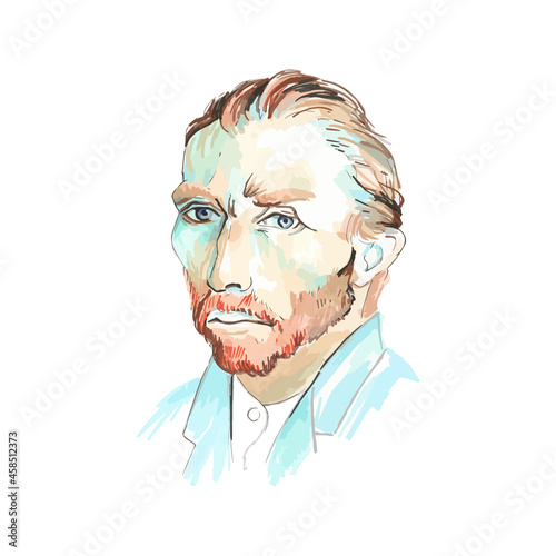 Watercolor hand drawn art vector illustration. Portrait of Vincent Willem van Gogh. Famous Dutch post impressionist painter.