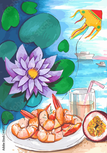 Watercolor hand drawn art vector illustration. Tropical paradise of natural products. Shrimp and fruit on sea beach.