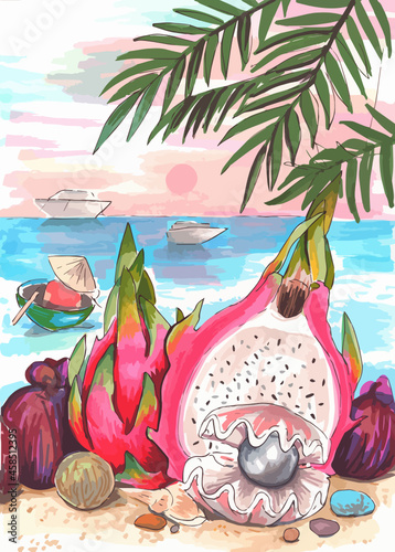 Watercolor hand drawn art vector illustration. Tropical paradise of natural products. Dragon fruit and pearl in shell on sea beach.