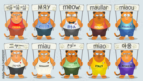 Group of serious red cartoon fat disgruntled cats in colored pants, a T-shirt and with posters. The word meow in Chinese, Russian, Spanish, French, Japanese, German, Arabic, Italian, and Korean