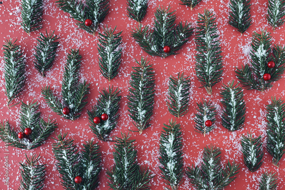 Decorative Christmas background with pine snow and berries Decorative Christmas background with pine snow and berries