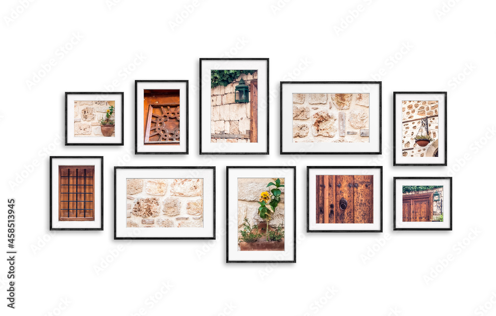 Photo frames with street  photography collage, colorful pictures in old city. Ten frameworks mock up