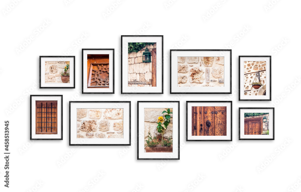 Fototapeta premium Photo frames with street photography collage, colorful pictures in old city. Ten frameworks mock up