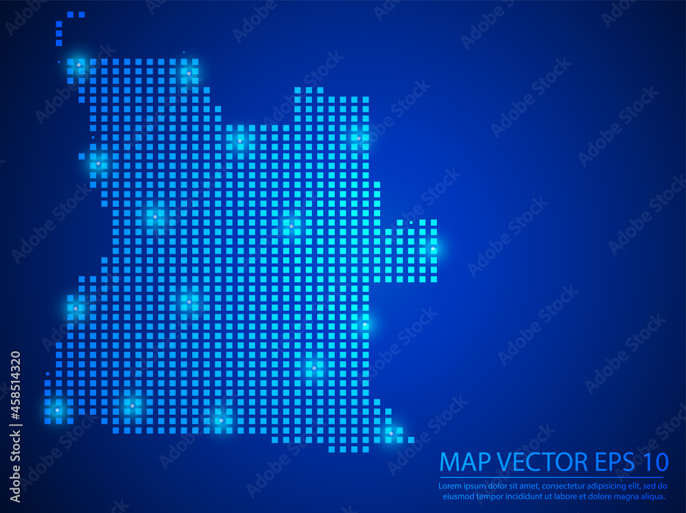 Pixel mosaic glow blue dot map with light on blue background of map of Angola symbol for your web site design map logo, app, ui, Travel vector eps10.