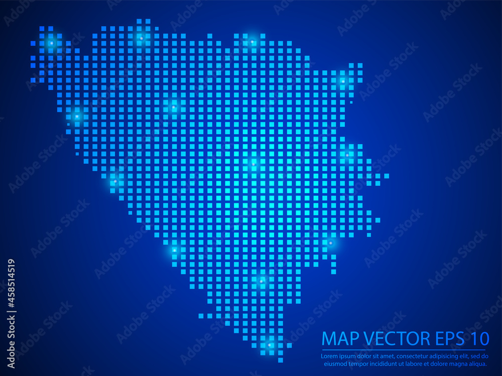 Pixel mosaic glow blue dot map with light on blue background of map of Bosnia and Herzegovina symbol for your web site design map logo, app, ui, Travel vector eps10.
