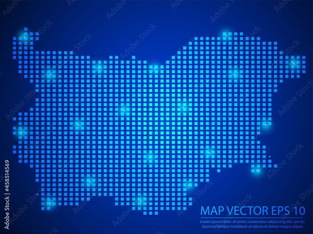 Pixel mosaic glow blue dot map with light on blue background of map of Bulgaria symbol for your web site design map logo, app, ui, Travel vector eps10.