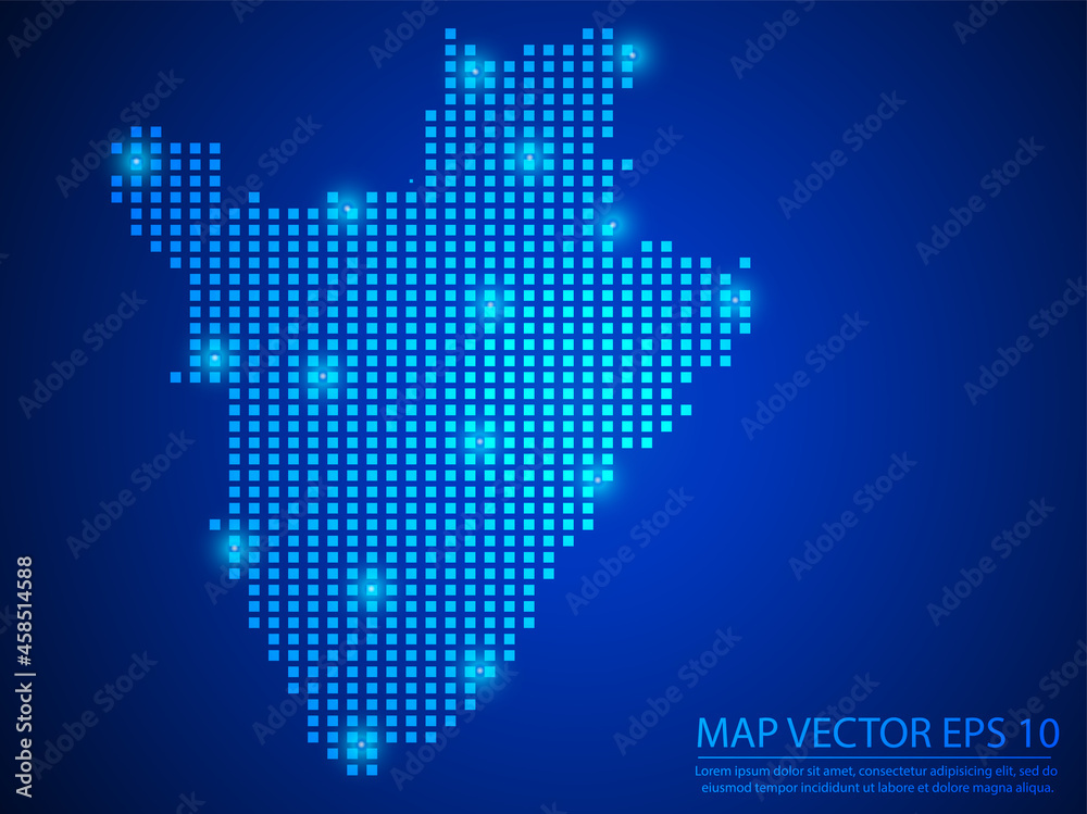 Pixel mosaic glow blue dot map with light on blue background of map of Burundi symbol for your web site design map logo, app, ui, Travel vector eps10.