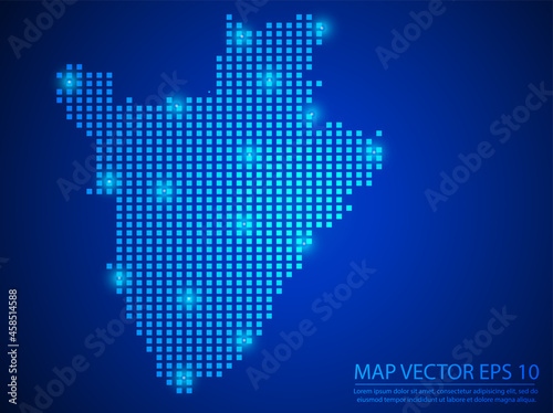 Pixel mosaic glow blue dot map with light on blue background of map of Burundi symbol for your web site design map logo, app, ui, Travel vector eps10.