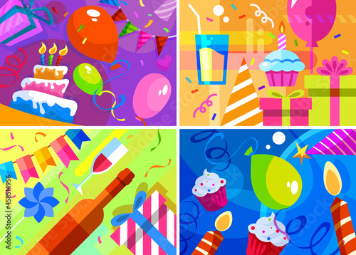 Collection of Happy Birthday banners. Postcard designs in cartoon style.