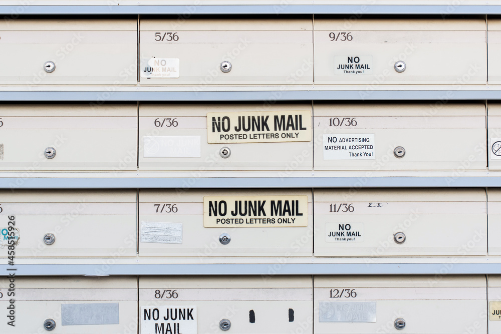 No Junk mail sign on letter boxes . Direct mailers opt out. How to stop junk mail catalogs No Junk mail sign on letter boxes . Direct mailers opt out. How to stop junk mail catalogs