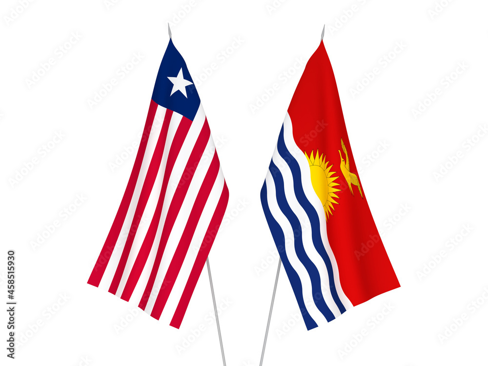 National fabric flags of Republic of Kiribati and Liberia isolated on white background. 3d rendering illustration.