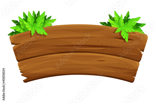 Old wood plank, signboard decorated palm leaves in cartoon style isolated on white background. Jungle, tropical element, textured and detailed board. Ui game asset