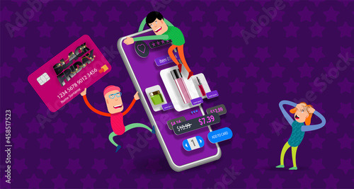 Cartoon men climbed on the interface of an online store selling cosmetics