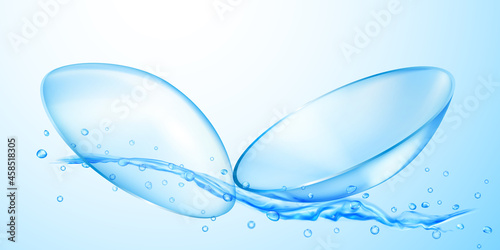 Realistic translucent contact lenses in light blue color with water flow, splash and drops