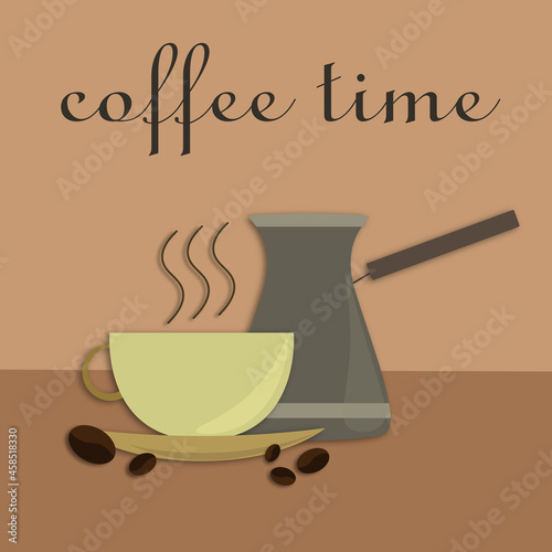 Сoffee, сup of coffee, cezve, coffee beans, coffee time.
Composition of coffee in flat style