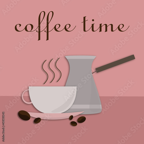 Сoffee, сup of coffee, cezve, coffee beans, coffee time.
Composition of coffee in flat style