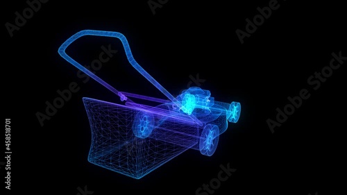 Lawn mower gasoline equipment. Glowing lines formation of Gardening grass-cutter. Digital technology visualization of 3d. photo