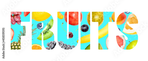 Different tropical fruits in the form of the word fruits isolated on white background.