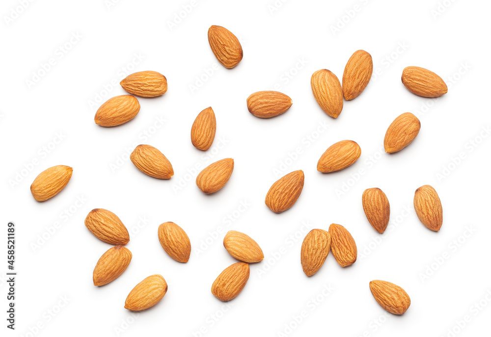 Almonds isolated on white background - Flat lay Almonds isolated on white background - Flat lay