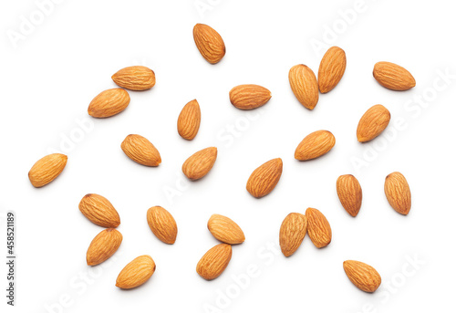 Almonds isolated on white background - Flat lay