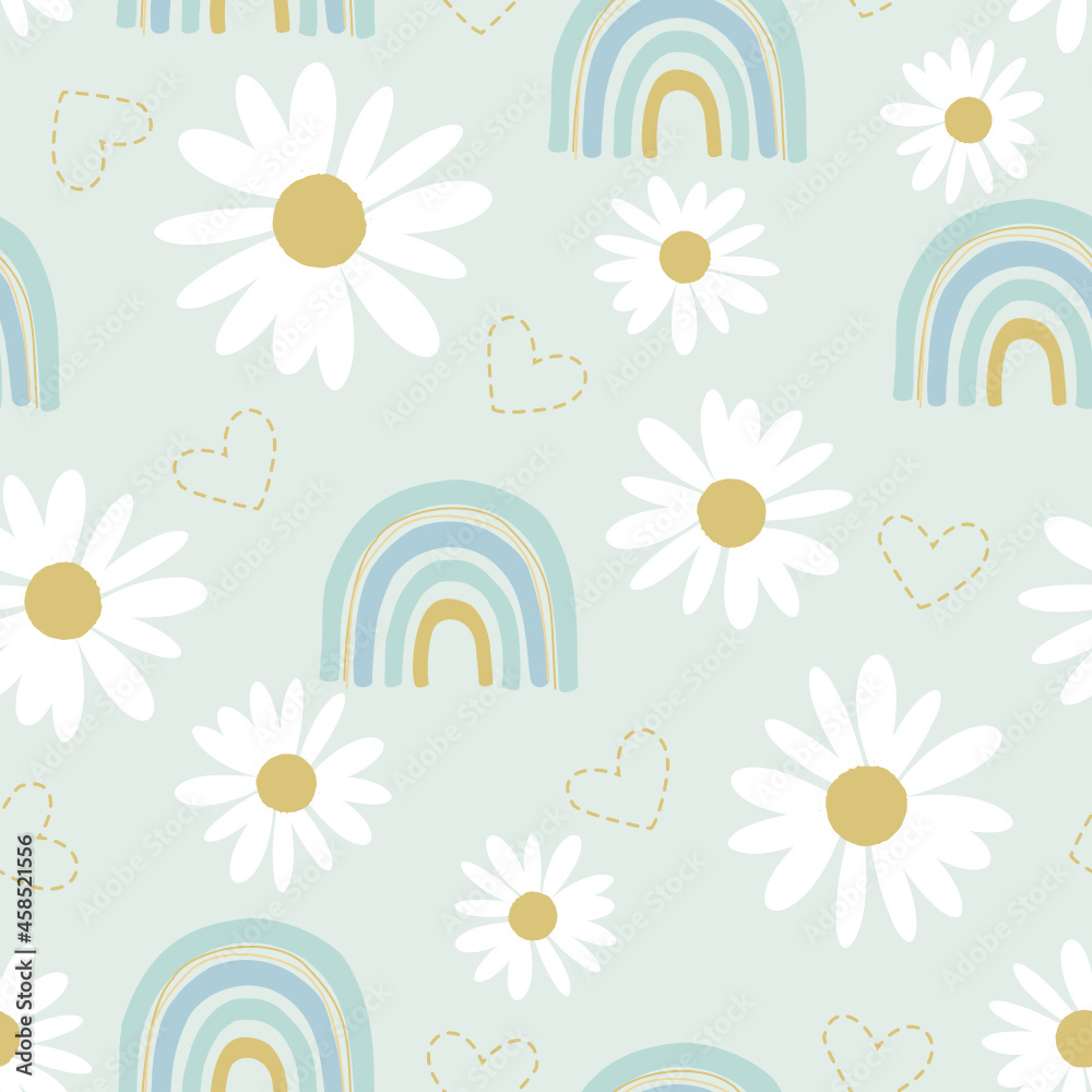 Seamless pattern daisy flower, rainbow and heart on pastel green background vector illustration.