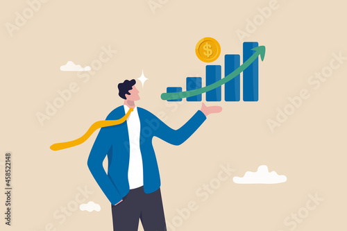 Investment profit growth, financial advisor or wealth management, make money to get rich or increase earning or income concept, confidence businessman investor holding big rising profit growth graph.